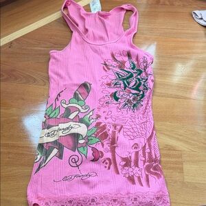 Ed Hardy Pink Tank with Graphic Design
